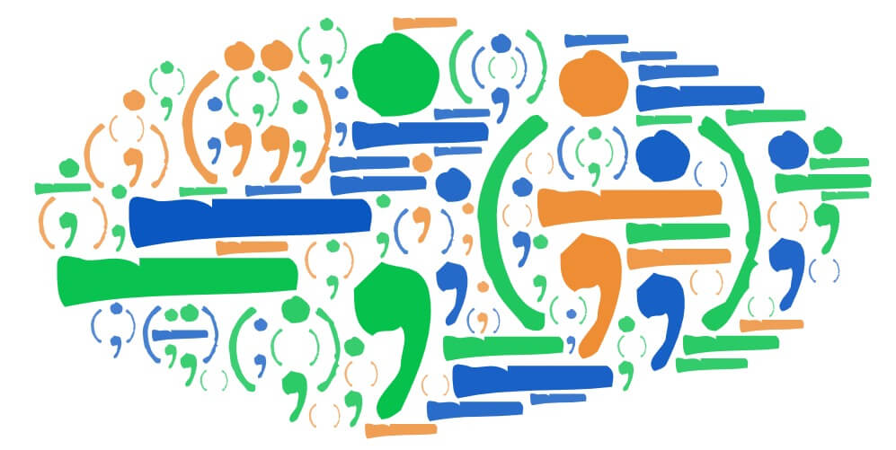 clouod of parenthesis, dash marks, and semicolons