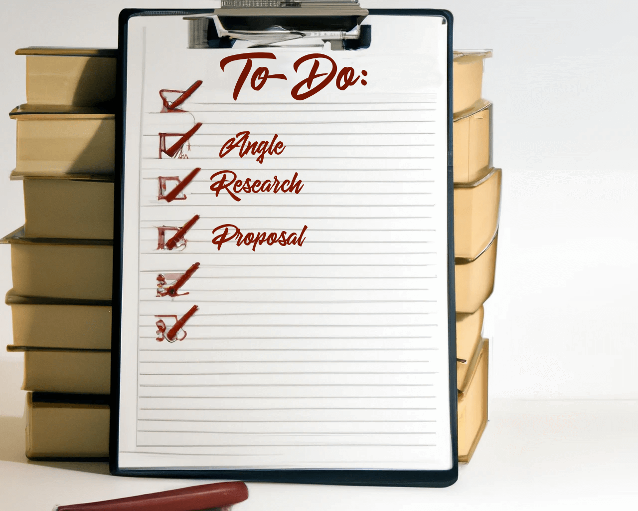 clipboard with to-do list leaning against stack of books