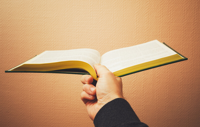 Male hand holds open book, vintage toned
