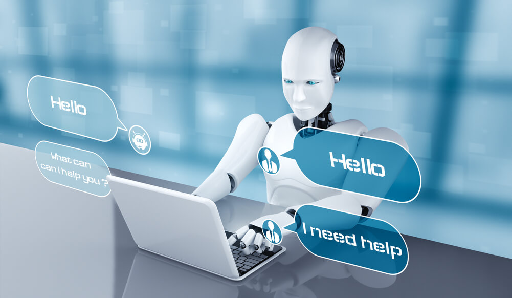 AI robot using computer to chat with customer. Concept of chat bot